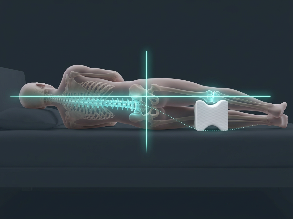 Neutral spine line while side sleeping with the knee pillow between the knees